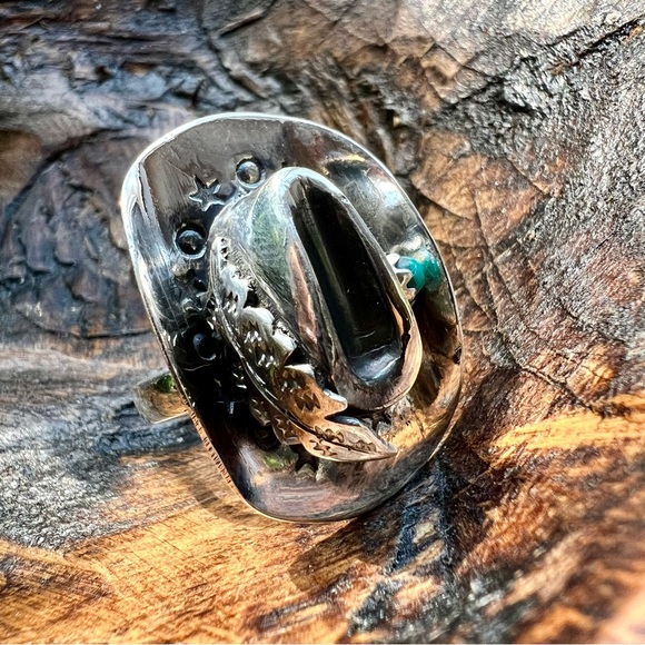925 Sterling Silver Turquoise Cowboy Hat Statement Ring Size 8 • Southwestern •